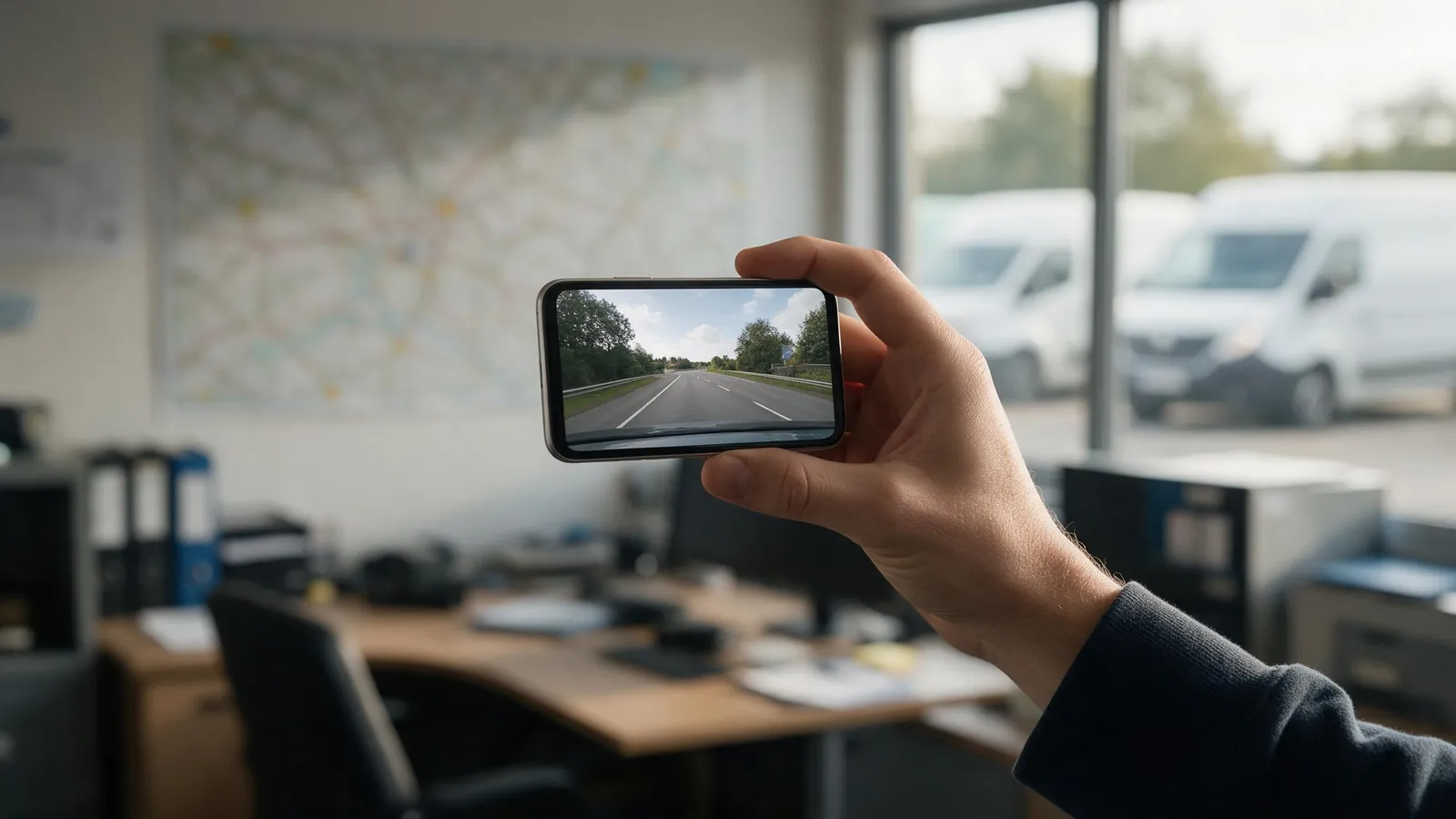 A phone in a fleet office showing a live road view from a vehicle camera