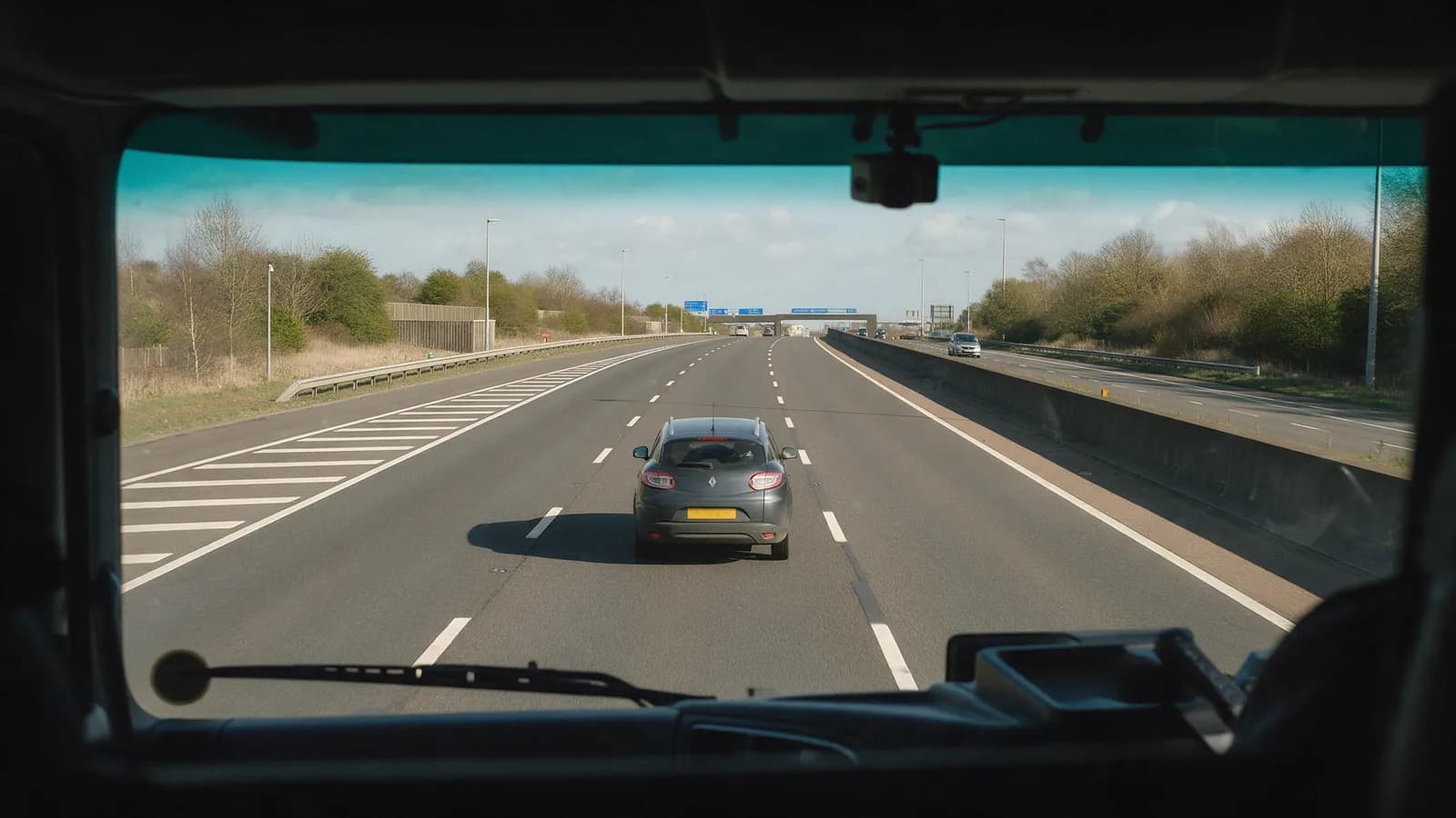 View from a truck cab of a car ahead on a motorway, with a camera at the top of the windscreen