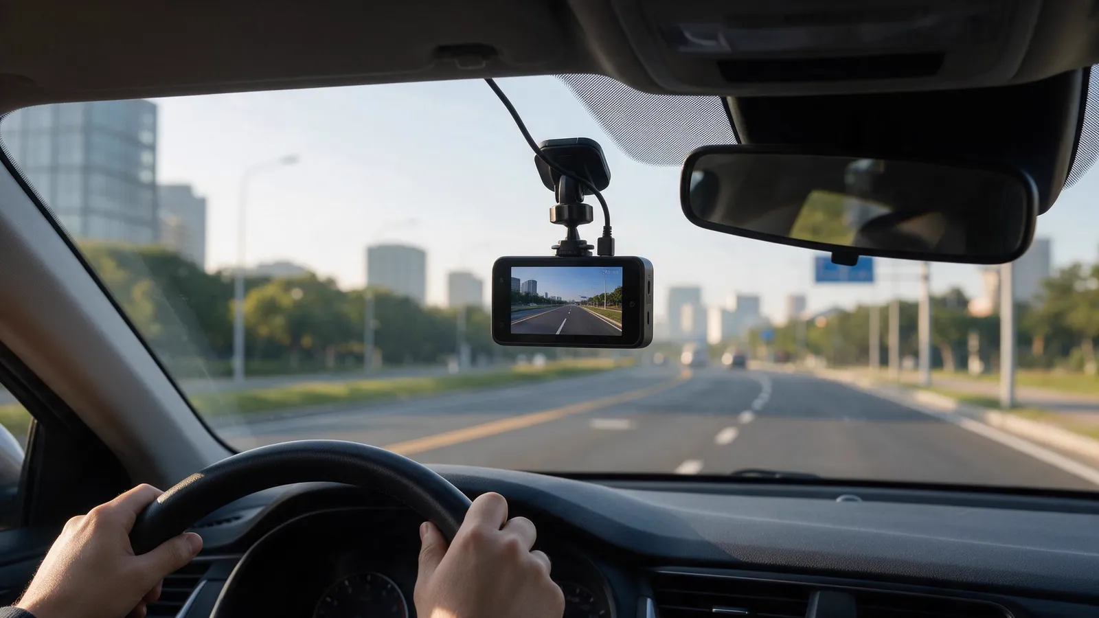 Driver's view of a dashcam recording the road ahead