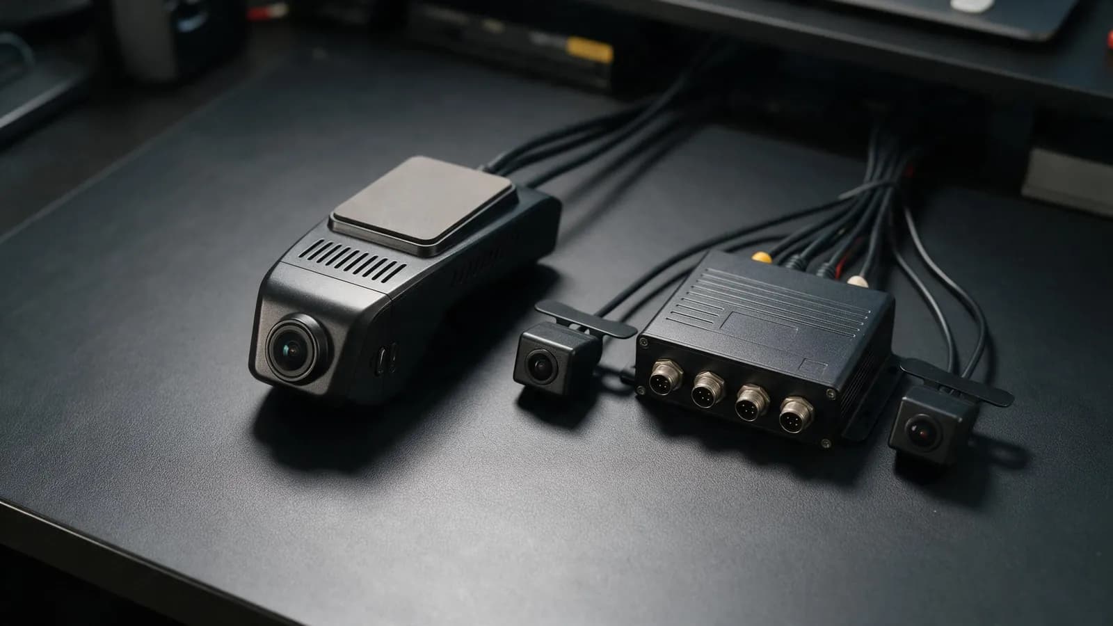 A windscreen dashcam beside a four-channel vehicle recorder with two external cameras