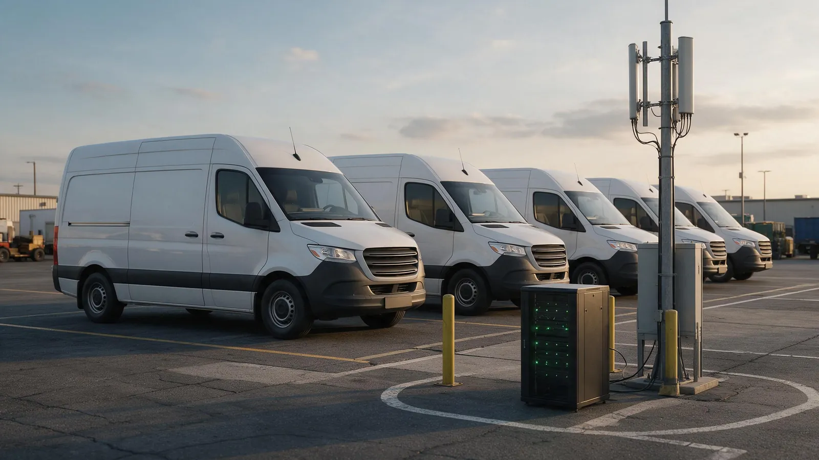 Delivery vans parked in a depot beside a mobile network mast and an equipment cabinet