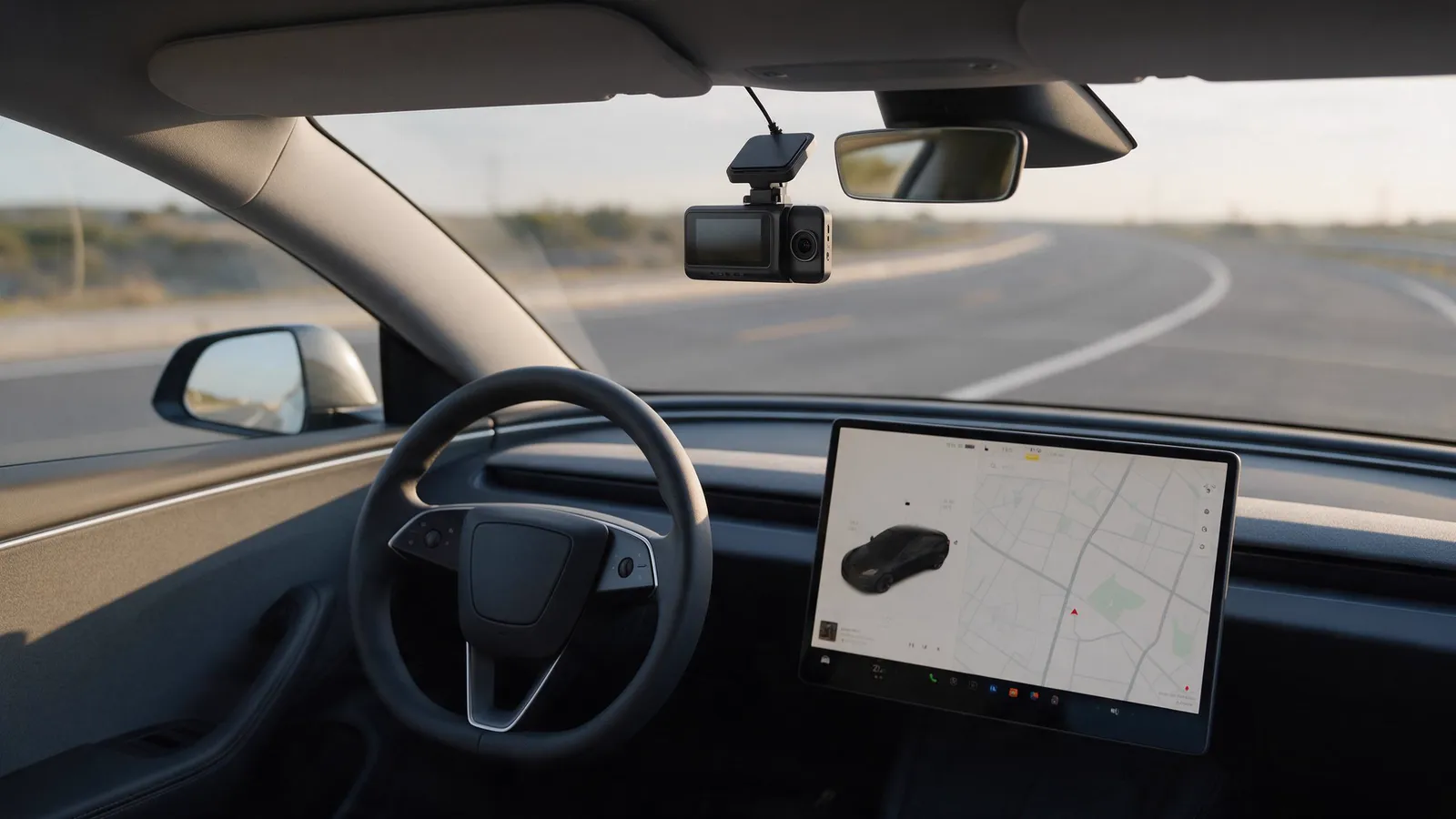 Dashcam mounted behind the windscreen of an electric car with a large central touchscreen